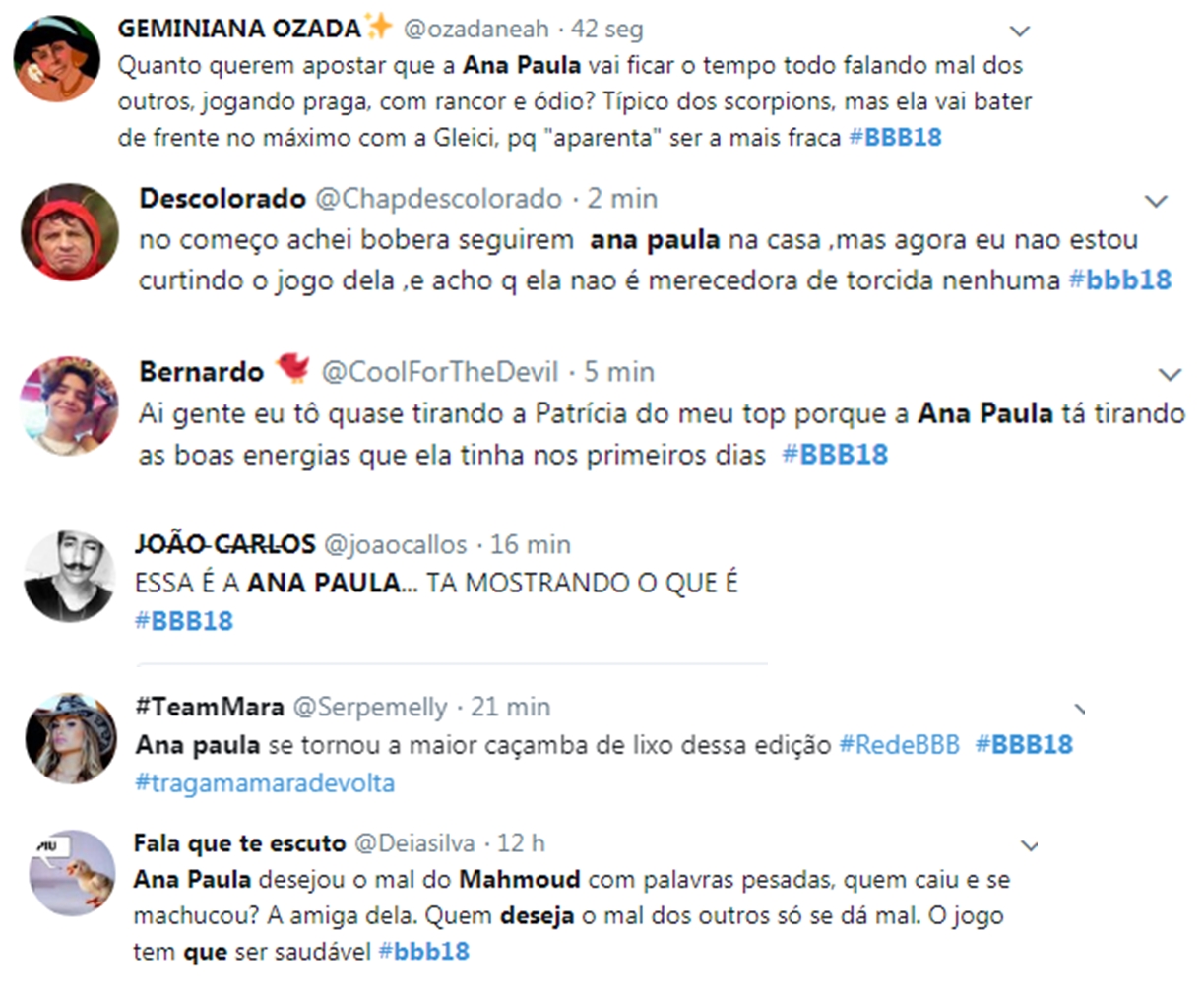 Twitteiros se revoltam com a postura de Ana Paula no BBB18 (Reprodução: Twitter)