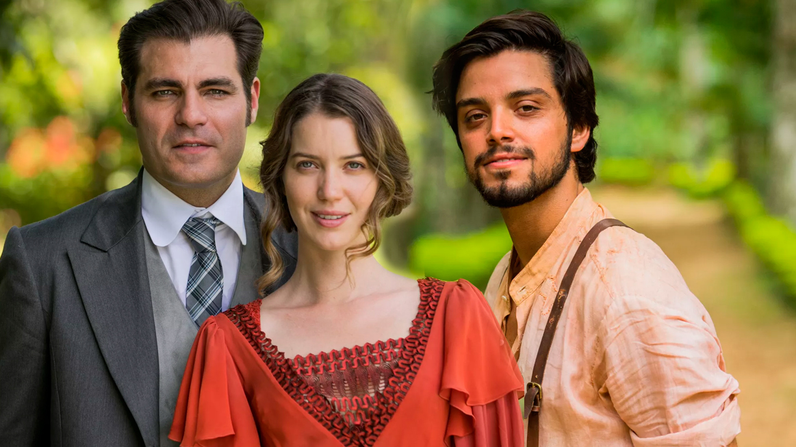Darcy (Thiago Lacerda), Elisabeta (Nathalia Dill) e Ernesto (Rodrigo Simas) de Orgulho e Paixao