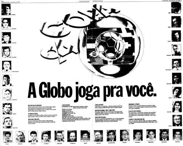 Propaganda da cobertura da Copa de 1994 pela Globo em página dupla dos jornais (Reprodução)