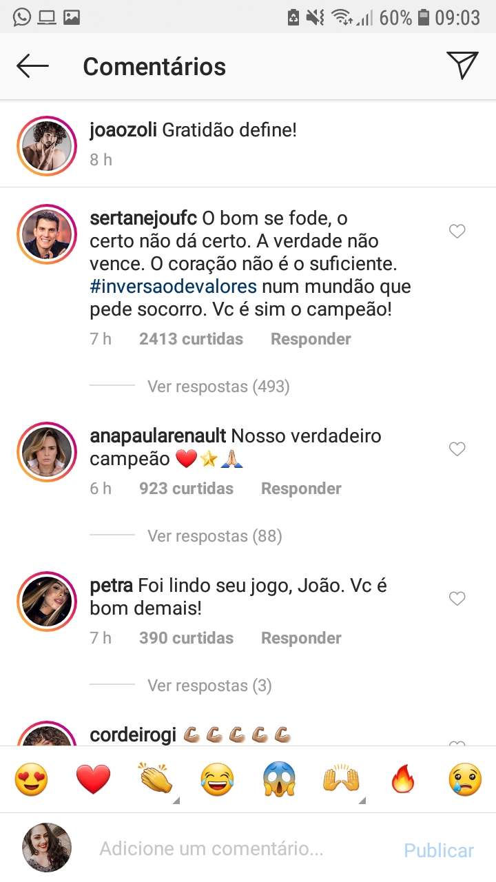 Sertanejo comenta na foto de João Zoli
