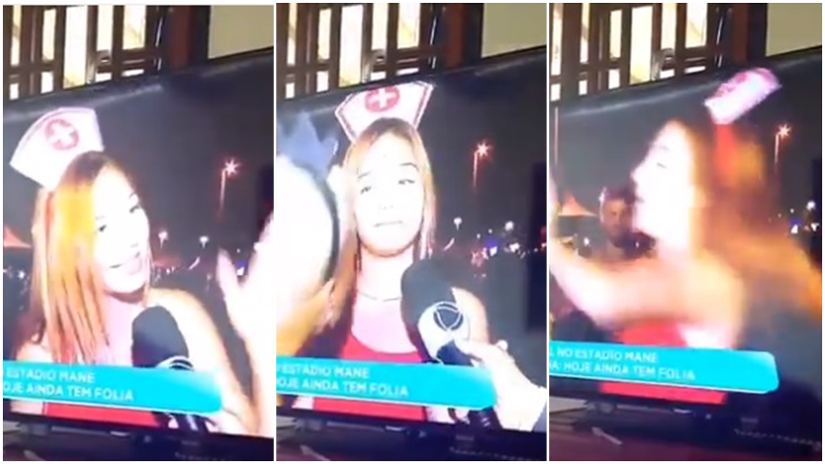 Foliã dá tapa na cara rapaz durante entrevista (Reprodução: TV Globo)