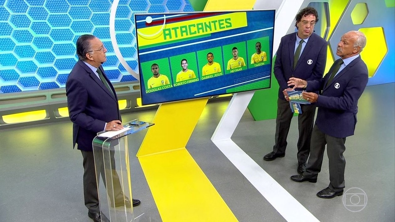 Galvão Bueno, Casagrande e Junior durante uma transmissão na Globo