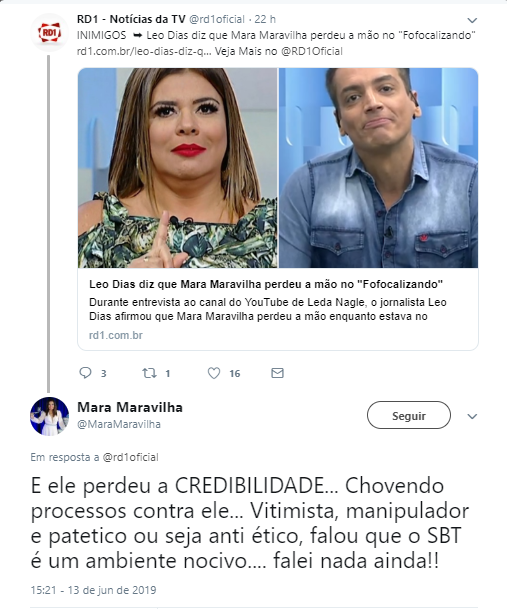 Mara Maravilha insulta Leo Dias na internet