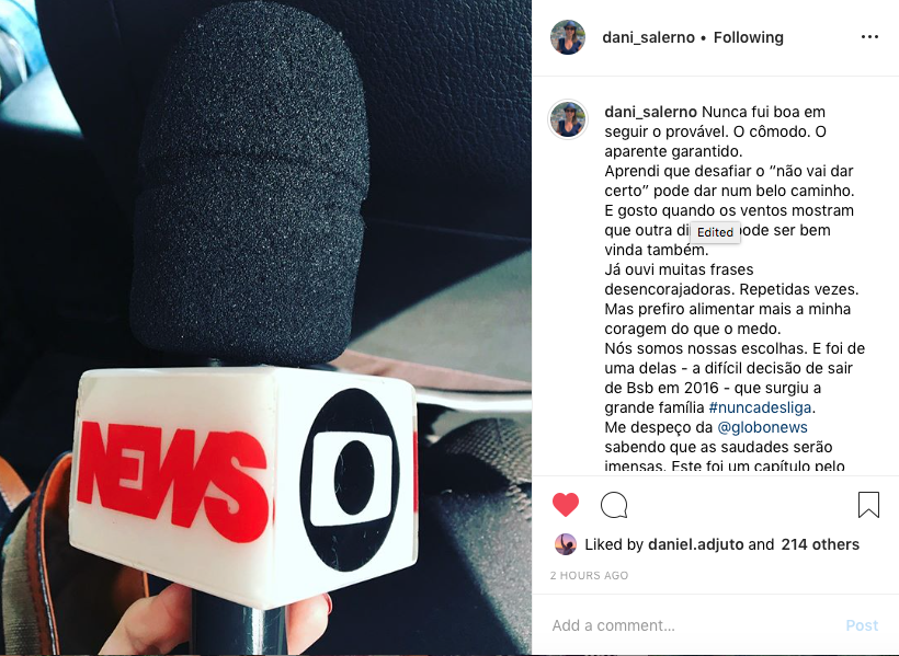 Dani Salerno se despede da Globo no Instagram (Reprodução/Instagram)