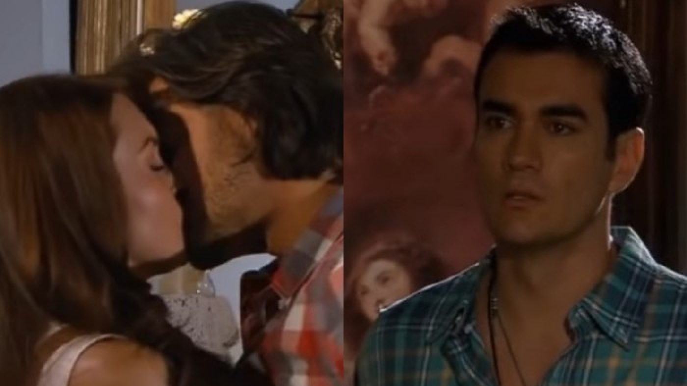 Damião (David Zepeda) vê Elisa (Angelique Boyer) beijar Gael (Mark Tacher) em Abismo de Paixão (Reprodução / SBT)
