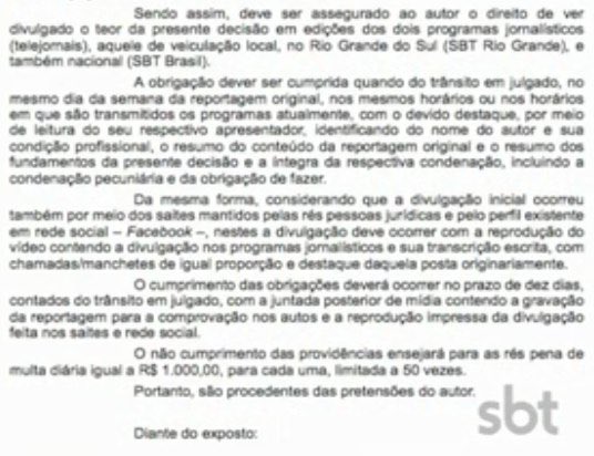Parte da decisão judicial contra o SBT Brasil e o SBT Rio Grande (Reprodução/SBT)