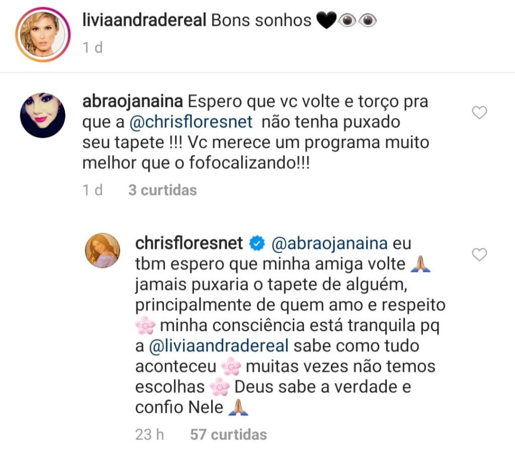 Chris Flores falou sobre Lívia Andrade no Instagram