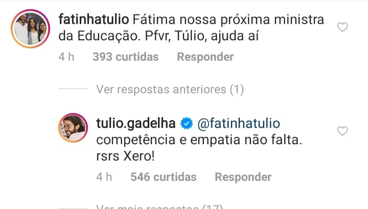 Túlio Gadêlha respondeu internauta que falou sobre Fátima Bernardes