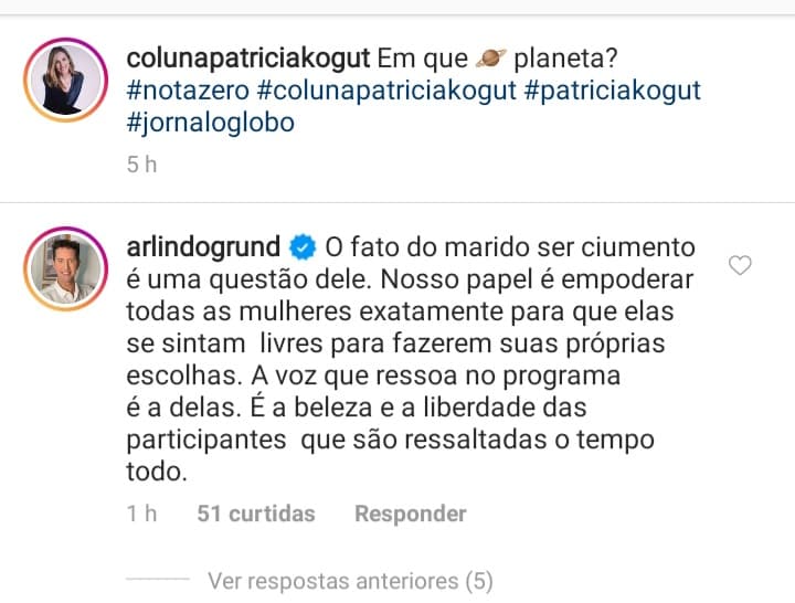 Arlindo Grund rebateu Patrícia Kogut no Instagram