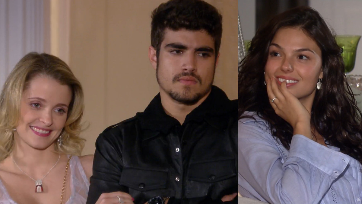 Camila (Maria Helena Chira) quase flagra traição de Edgar (Caio Castro) em Ti Ti Ti (Reprodução/Globo)