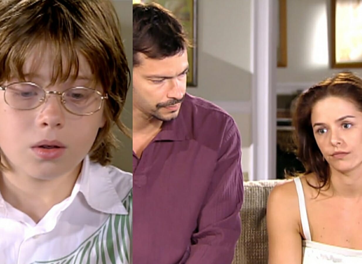Joãozinho (Pedro Malta), Felipe (Heitor Martinez) e Joana (Bianca Rinaldi) de Prova de Amor