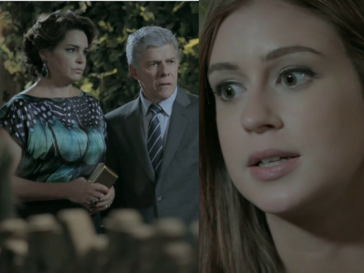 Maria Isis (Marina Ruy Barbosa) pressiona Cláudio (José Mayer) e Beatriz (Suzy Rêgo) em Império (Reprodução/Globo)