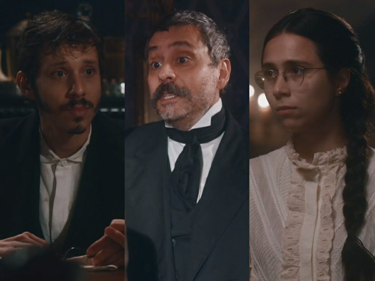 Nélio (João Pedro Zappa), Tonico (Alexandre Nero) e Dolores (Daphne Bozaski) de Nos Tempos do Imperador