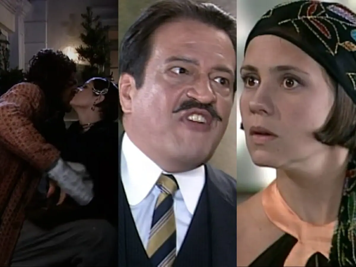 Petruchio (Eduardo Moscovis), Marcela (Drica Moraes), Batista (Luis Melo) e Catarina (Adriana Esteves) de O Cravo e a Rosa